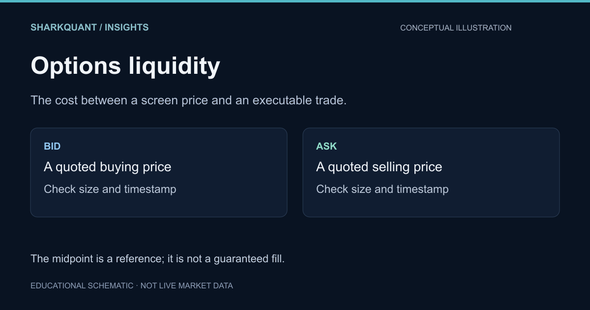Educational diagram for Options liquidity: bid-ask spreads and trade costs. Conceptual illustration, not live market data.