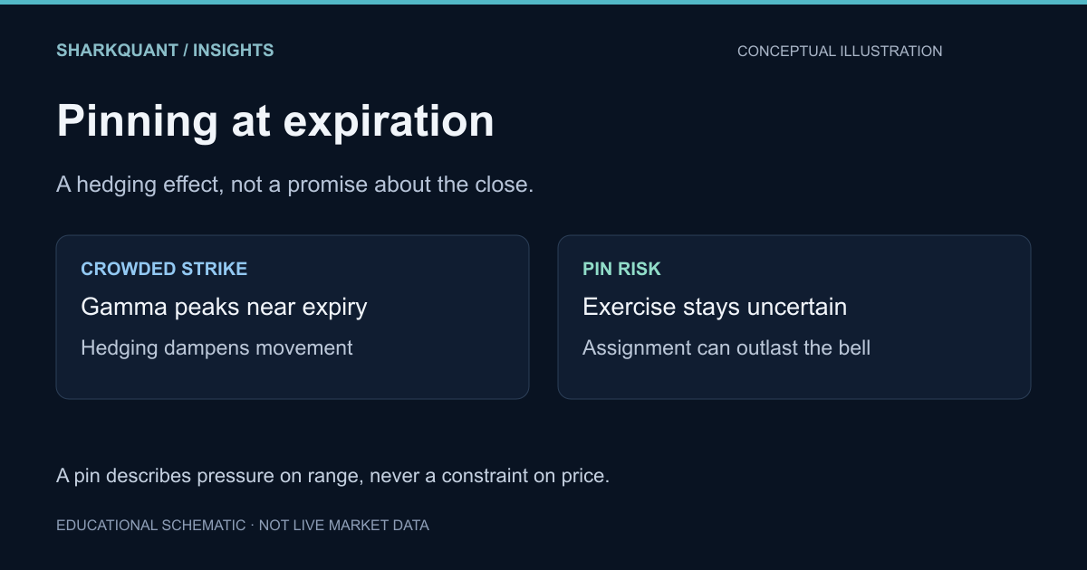 Two-panel schematic contrasting a pinning setup, where concentrated near-the-money open interest dampens price, with pin risk, where a close at the strike leaves exercise and assignment uncertain.